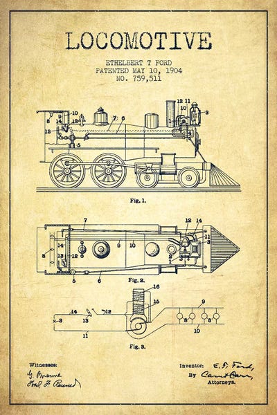 Trains: Ethelbert T. Ford Locomotive Pattern Sketch (Vintage) by Aged Pixel