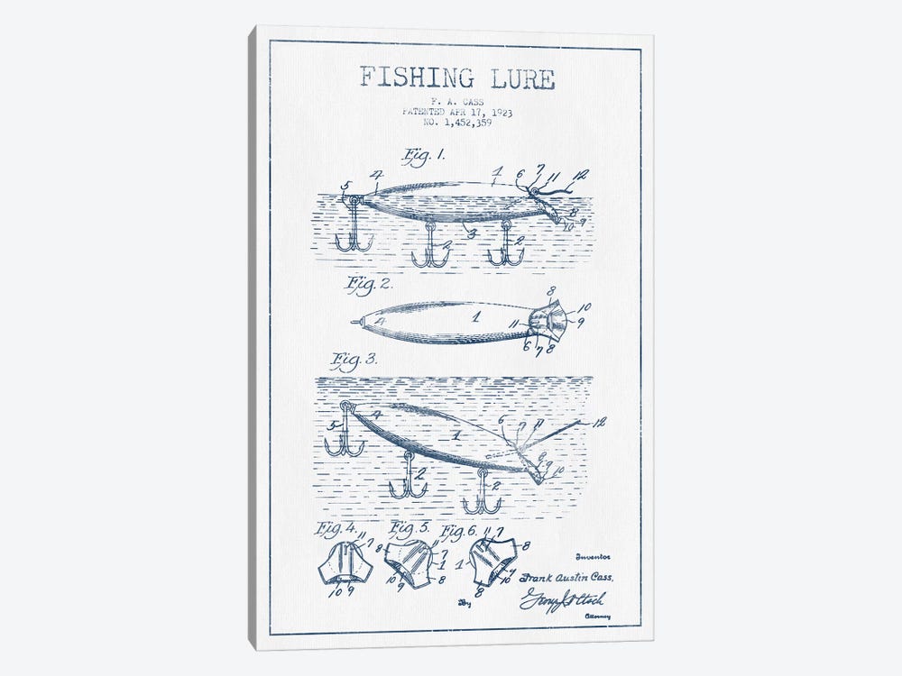 F.A. Cass Fishing Lure Patent Sketch (Ink) by Aged Pixel 1-piece Canvas Art Print