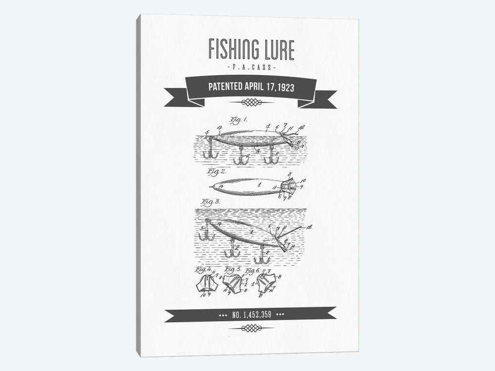 F.A. Cass Fishing Lure Patent Sketch Retro (Charcoal) by Aged Pixel 1-piece Canvas Artwork