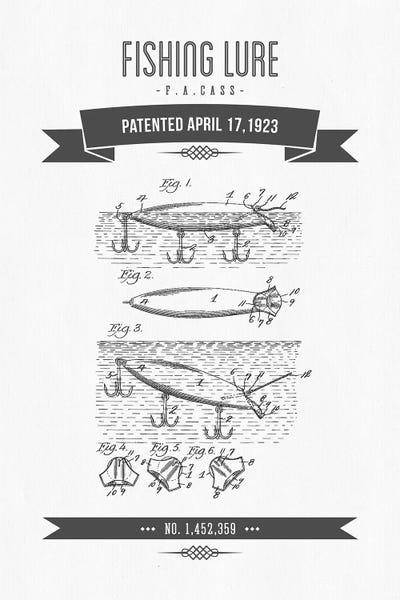Sports Blueprints: F.A. Cass Fishing Lure Patent Sketch Retro (Charcoal) by Aged Pixel