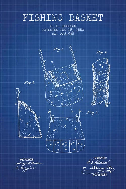 F.L. Sheldon Fishing Basket Patent Sketch (Blue Grid)