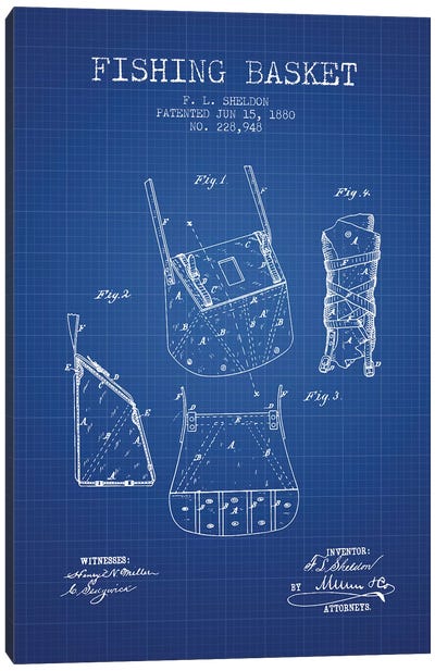F.L. Sheldon Fishing Basket Patent Sketch (Blue Grid) Canvas Art Print