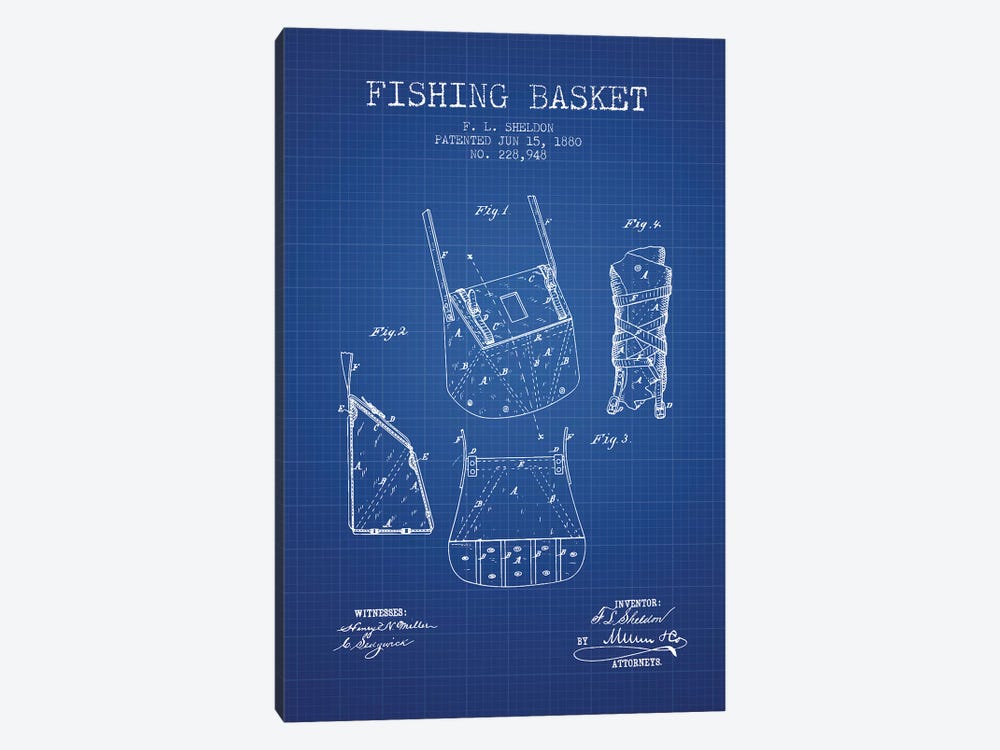 F.L. Sheldon Fishing Basket Patent Sketch (Blue Grid) by Aged Pixel 1-piece Canvas Print