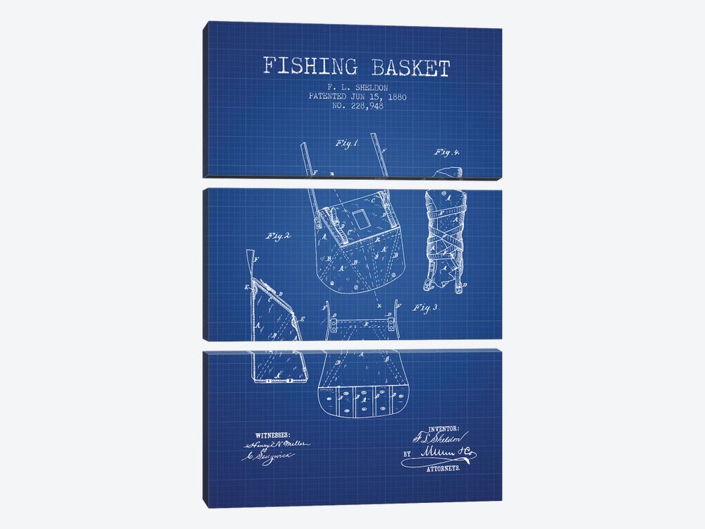 F.L. Sheldon Fishing Basket Patent Sketch (Blue Grid) by Aged Pixel 3-piece Canvas Art Print