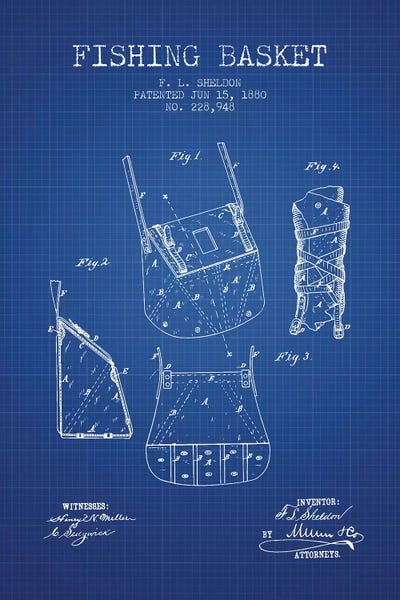 F.L. Sheldon Fishing Basket Patent Sketch (Blue Grid)