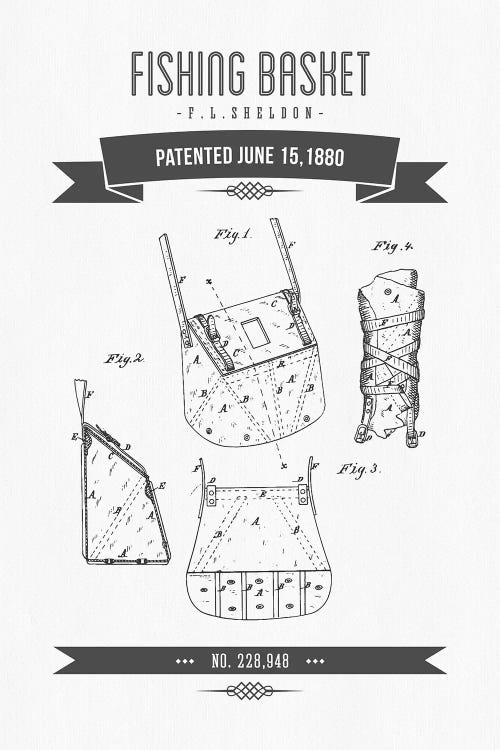 F.L. Sheldon Fishing Basket Patent Sketch Retro (Charcoal) by Aged Pixel wall art