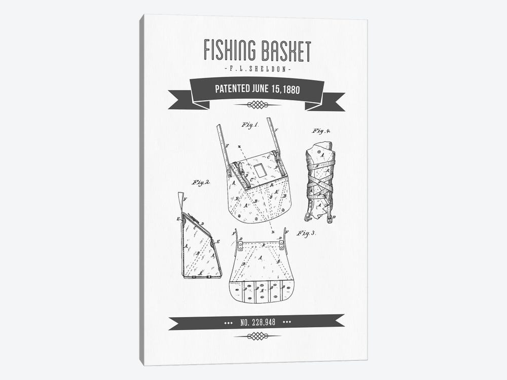 F.L. Sheldon Fishing Basket Patent Sketch Retro (Charcoal) by Aged Pixel 1-piece Canvas Wall Art