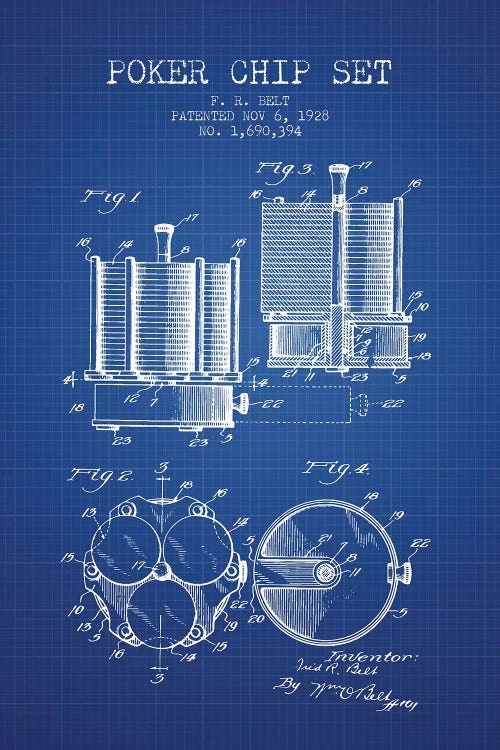 F.R. Belt Poker Chip Set Patent Sketch (Blue Grid)