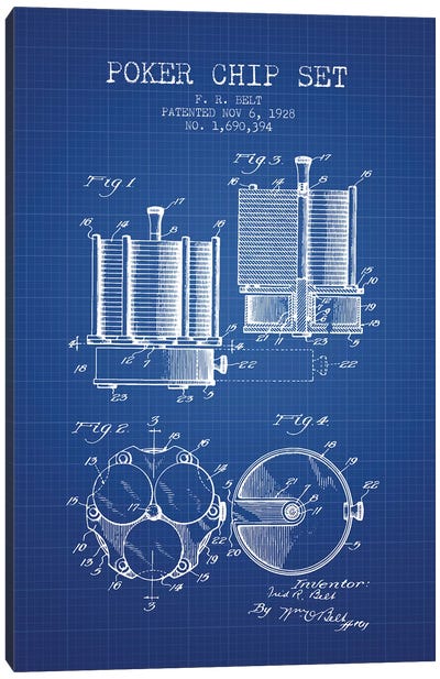 F.R. Belt Poker Chip Set Patent Sketch (Blue Grid) Canvas Art Print - Gambling Art