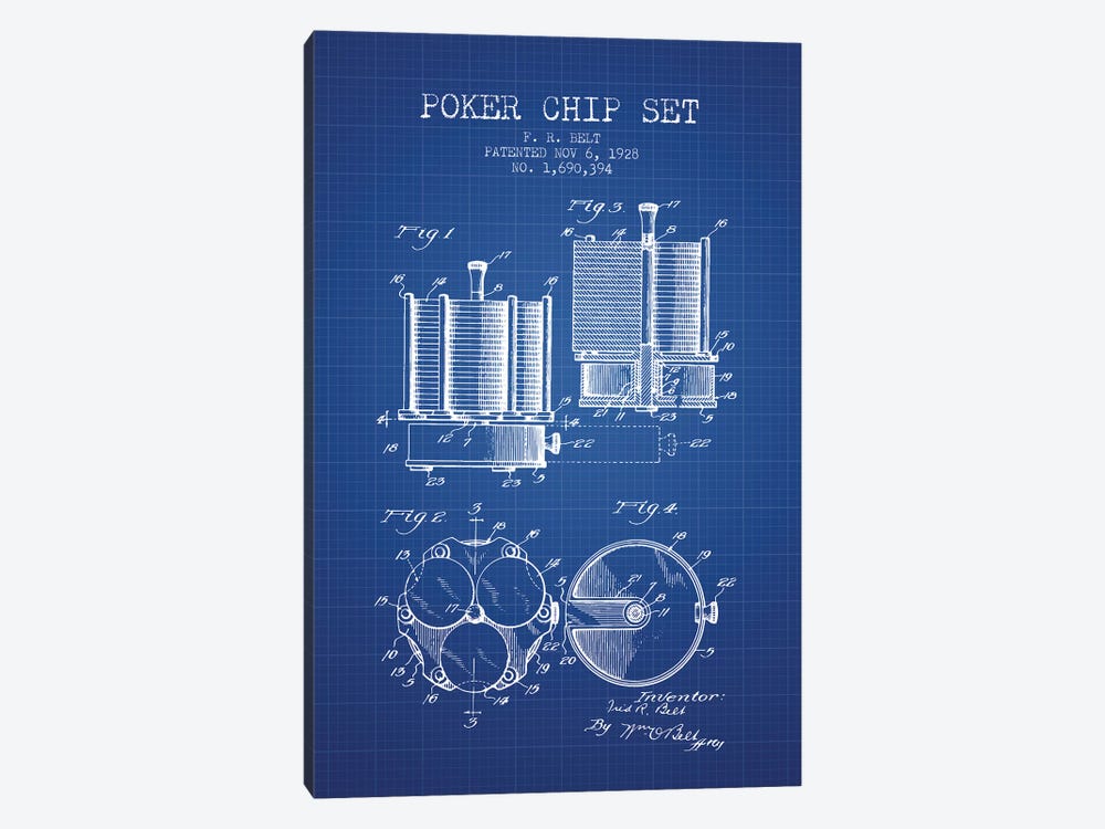 F.R. Belt Poker Chip Set Patent Sketch (Blue Grid) by Aged Pixel 1-piece Canvas Print
