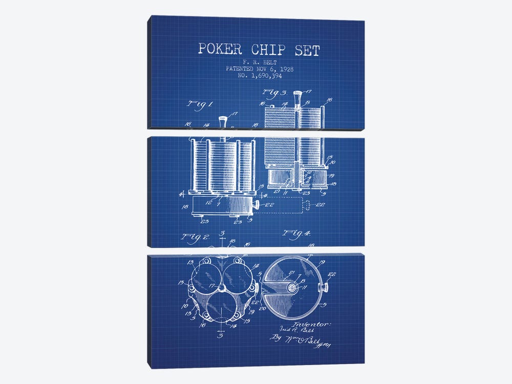 F.R. Belt Poker Chip Set Patent Sketch (Blue Grid) by Aged Pixel 3-piece Canvas Print