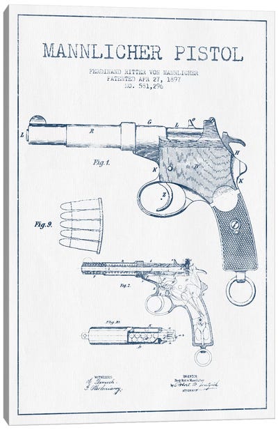 F.R. Von Mannlicher Mannlicher Pistol Patent Sketch (Ink) Canvas Art Print - Weapons & Artillery Art