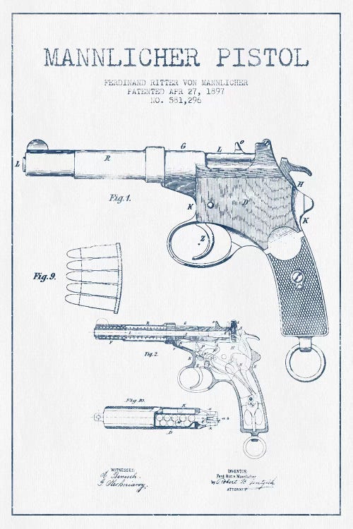 F.R. Von Mannlicher Mannlicher Pistol Patent Sketch (Ink)