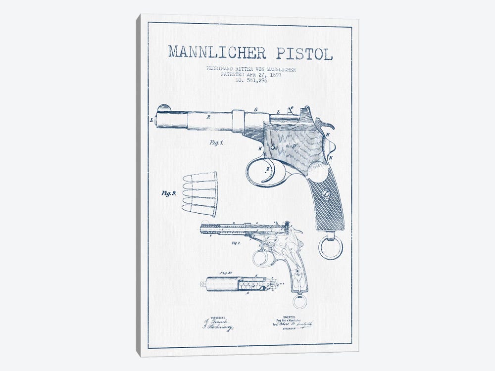 F.R. Von Mannlicher Mannlicher Pistol Patent Sketch (Ink) by Aged Pixel 1-piece Canvas Wall Art