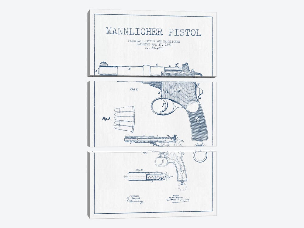 F.R. Von Mannlicher Mannlicher Pistol Patent Sketch (Ink) by Aged Pixel 3-piece Canvas Art