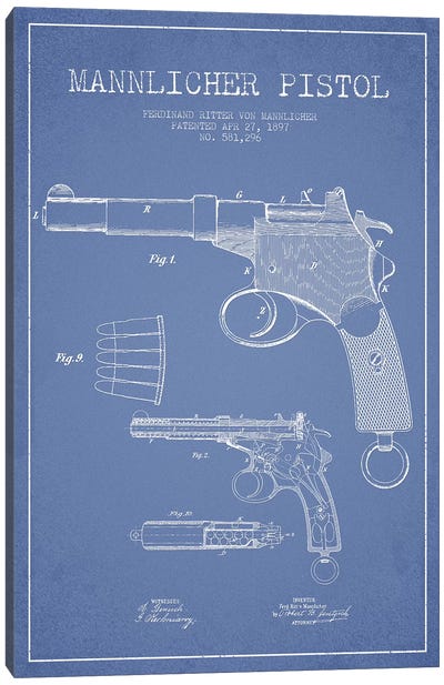 F.R. Von Mannlicher Mannlicher Pistol Patent Sketch (Light Blue) Canvas Art Print - Weapons & Artillery Art