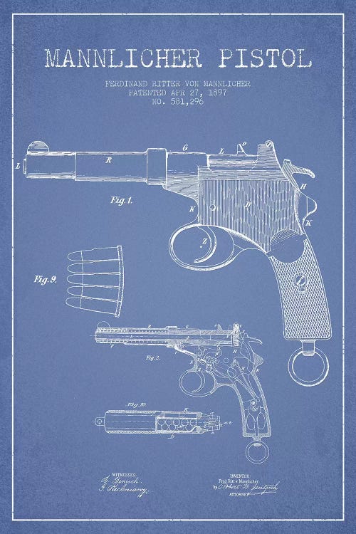 F.R. Von Mannlicher Mannlicher Pistol Patent Sketch (Light Blue) by Aged Pixel wall art
