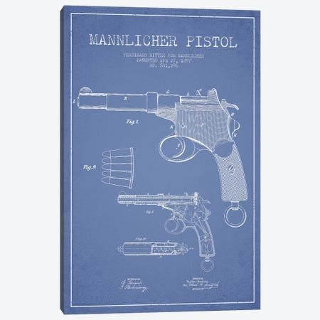 F.R. Von Mannlicher Mannlicher Pistol Patent Sketch (Light Blue) Canvas Print #ADP2870} by Aged Pixel Art Print
