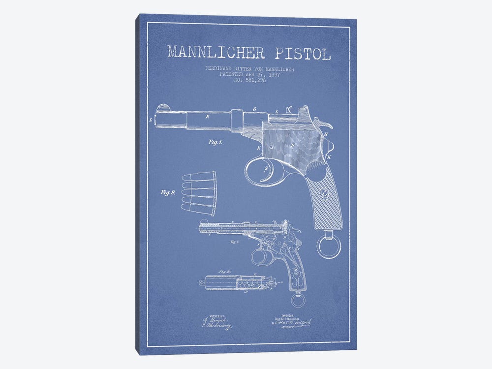 F.R. Von Mannlicher Mannlicher Pistol Patent Sketch (Light Blue) by Aged Pixel 1-piece Canvas Artwork