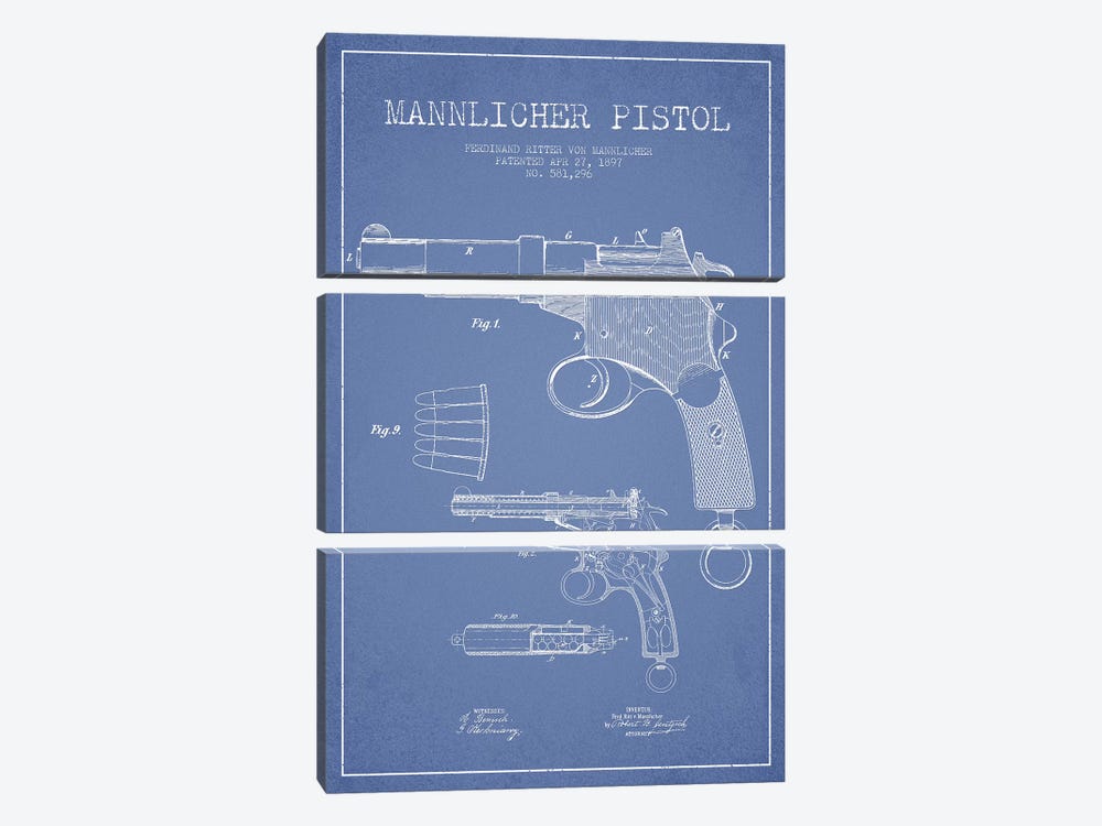 F.R. Von Mannlicher Mannlicher Pistol Patent Sketch (Light Blue) by Aged Pixel 3-piece Canvas Art