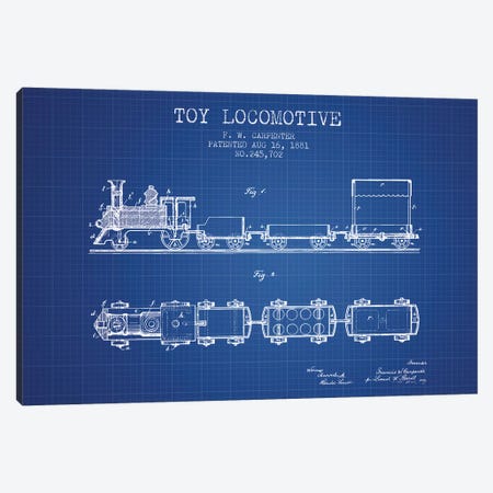 F.W. Carpenter Toy Locomotive Patent Sketch (Blue Grid) Canvas Print #ADP2871} by Aged Pixel Art Print