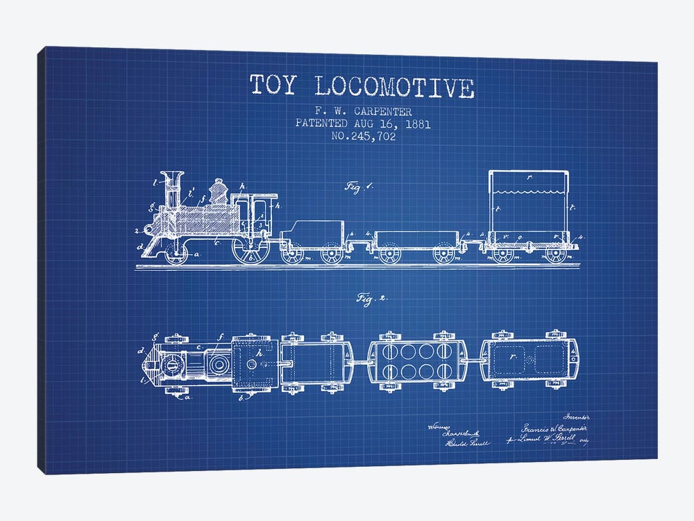 F.W. Carpenter Toy Locomotive Patent Sketch (Blue Grid) by Aged Pixel 1-piece Canvas Print