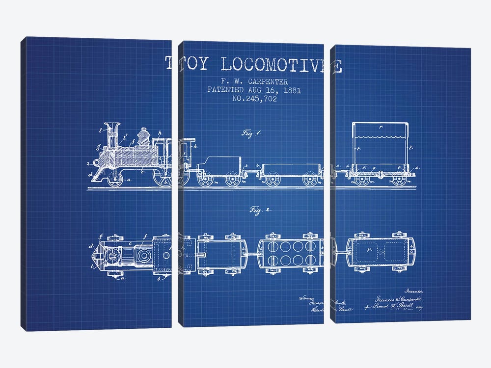 F.W. Carpenter Toy Locomotive Patent Sketch (Blue Grid) by Aged Pixel 3-piece Art Print