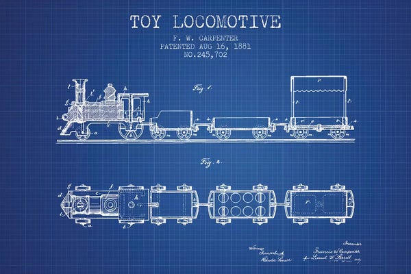 Toys & Collectibles: F.W. Carpenter Toy Locomotive Patent Sketch (Blue Grid) by Aged Pixel