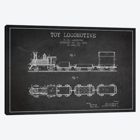 F.W. Carpenter Toy Locomotive Patent Sketch (Charcoal) Canvas Print #ADP2872} by Aged Pixel Canvas Art Print