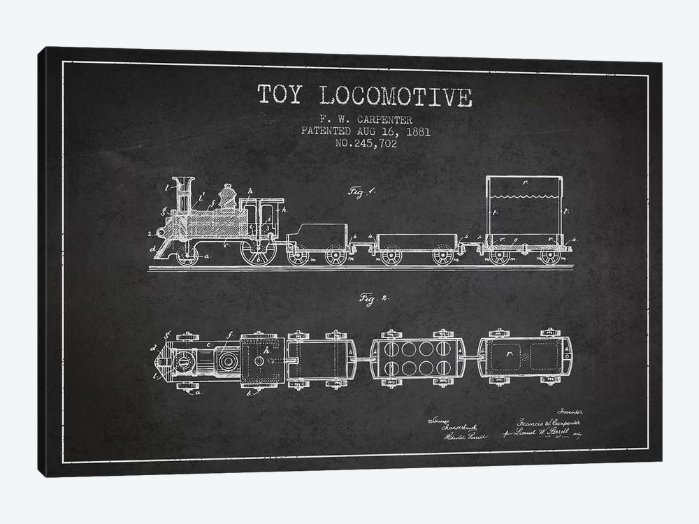 F.W. Carpenter Toy Locomotive Patent Sketch (Charcoal) by Aged Pixel 1-piece Canvas Artwork