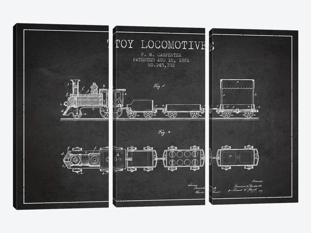 F.W. Carpenter Toy Locomotive Patent Sketch (Charcoal) by Aged Pixel 3-piece Canvas Art