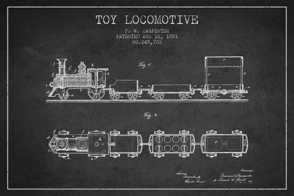 Toys & Collectibles: F.W. Carpenter Toy Locomotive Patent Sketch (Charcoal) by Aged Pixel