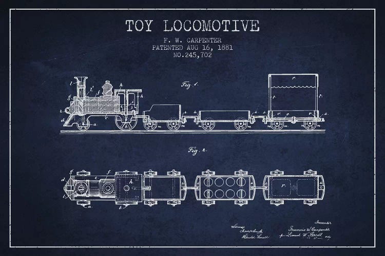 F.W. Carpenter Toy Locomotive Patent Sketch (Navy Blue)