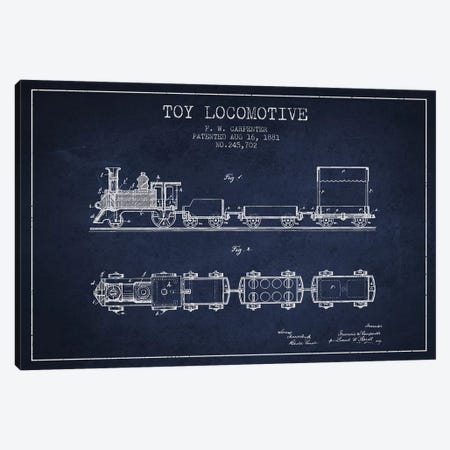 F.W. Carpenter Toy Locomotive Patent Sketch (Navy Blue) Canvas Print #ADP2873} by Aged Pixel Canvas Art Print
