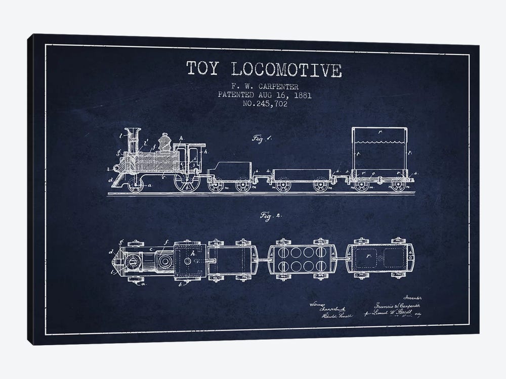 F.W. Carpenter Toy Locomotive Patent Sketch (Navy Blue) by Aged Pixel 1-piece Art Print