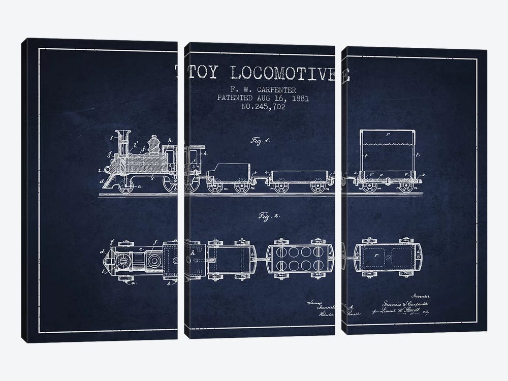 F.W. Carpenter Toy Locomotive Patent Sketch (Navy Blue) by Aged Pixel 3-piece Canvas Art Print