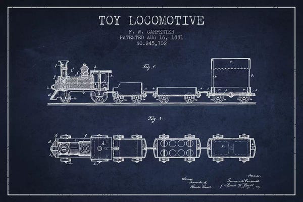 Toys & Collectibles: F.W. Carpenter Toy Locomotive Patent Sketch (Navy Blue) by Aged Pixel