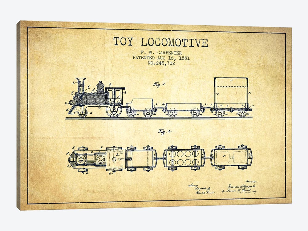 F.W. Carpenter Toy Locomotive Patent Sketch (Vintage) by Aged Pixel 1-piece Canvas Art