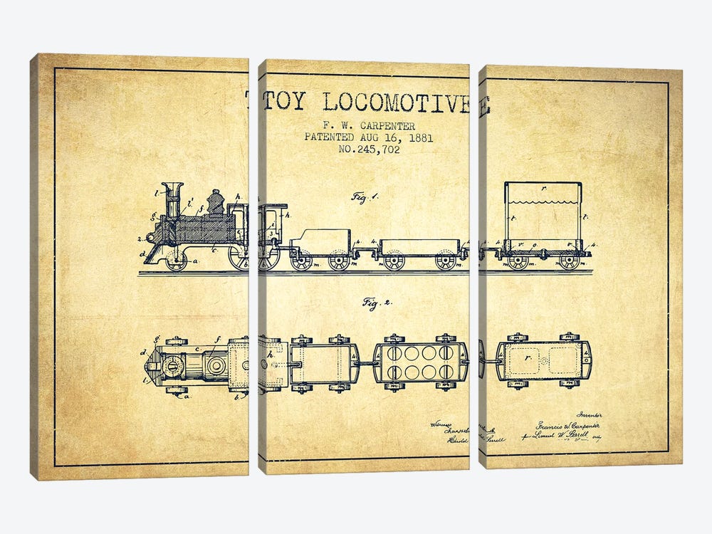 F.W. Carpenter Toy Locomotive Patent Sketch (Vintage) by Aged Pixel 3-piece Canvas Art