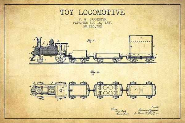 Toys & Collectibles: F.W. Carpenter Toy Locomotive Patent Sketch (Vintage) by Aged Pixel