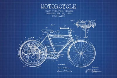 Floyd Bingham Motorcycle Patent Sketch (Blue Grid) by Aged Pixel metal wall art
