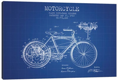 Floyd Bingham Motorcycle Patent Sketch (Blue Grid) Canvas Art Print - Motorcycle Blueprints