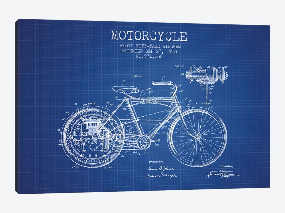 Floyd Bingham Motorcycle Patent Sketch (Blue Grid) by Aged Pixel 1-piece Canvas Print