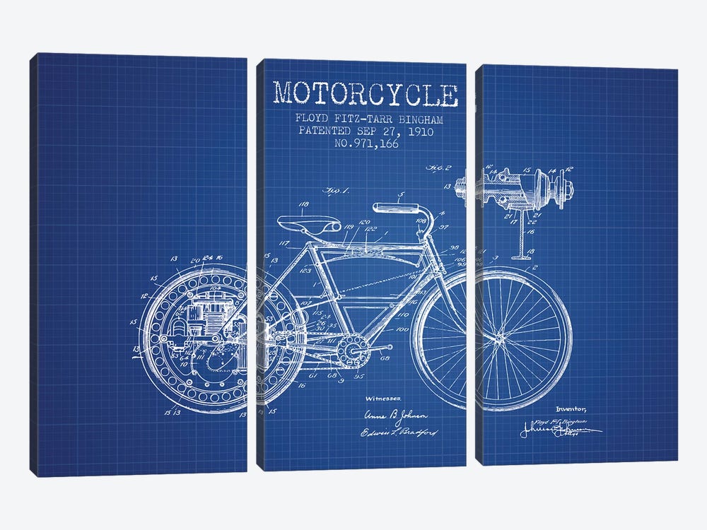 Floyd Bingham Motorcycle Patent Sketch (Blue Grid) by Aged Pixel 3-piece Canvas Art Print