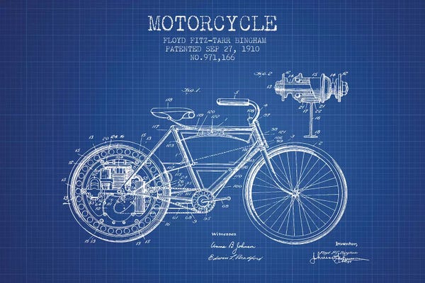 Motorcycle Blueprints: Floyd Bingham Motorcycle Patent Sketch (Blue Grid) by Aged Pixel