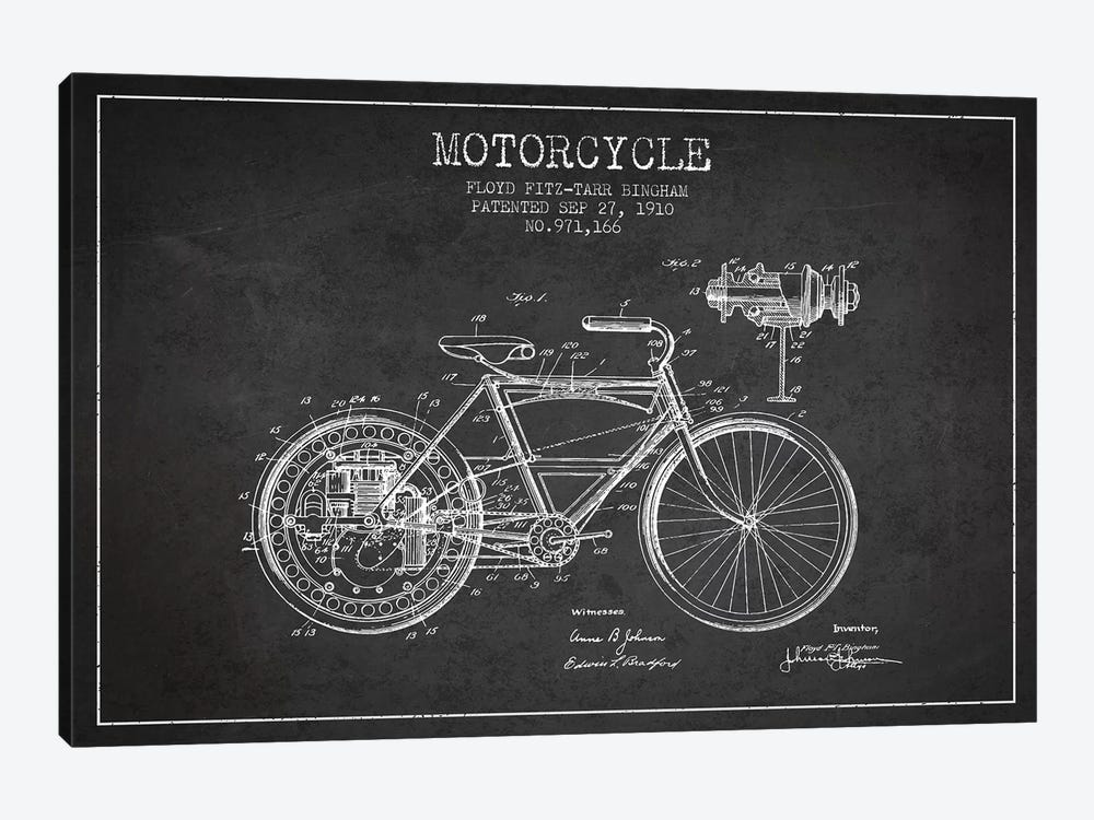 Floyd Bingham Motorcycle Patent Sketch (Charcoal) by Aged Pixel 1-piece Canvas Art