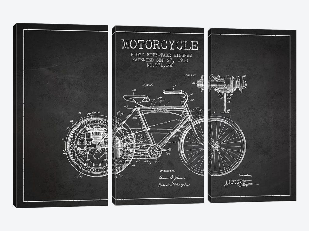 Floyd Bingham Motorcycle Patent Sketch (Charcoal) by Aged Pixel 3-piece Canvas Wall Art