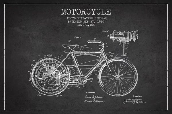Motorcycles: Floyd Bingham Motorcycle Patent Sketch (Charcoal) by Aged Pixel