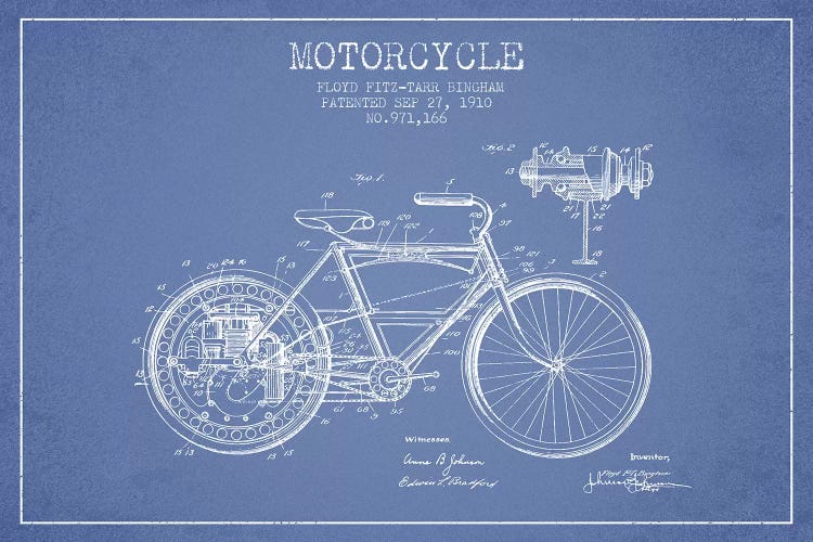 Floyd Bingham Motorcycle Patent Sketch (Light Blue) by Aged Pixel wall art