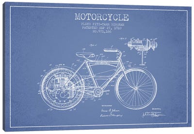 Floyd Bingham Motorcycle Patent Sketch (Light Blue) Canvas Art Print - Aged Pixel: Motorcycles